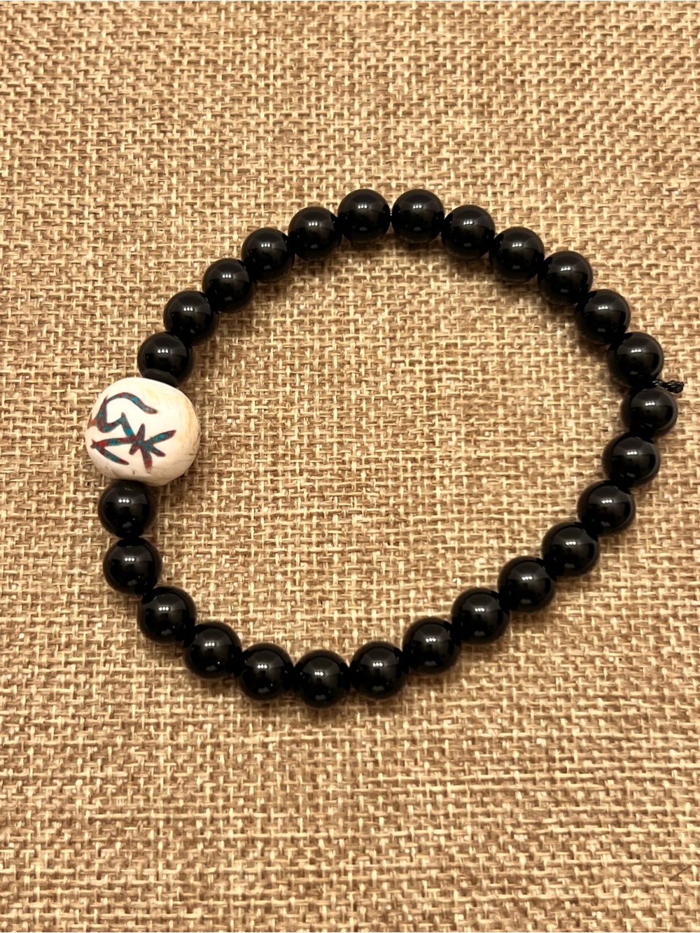 Men's Black Beaded Bracelet with White Accent Bead